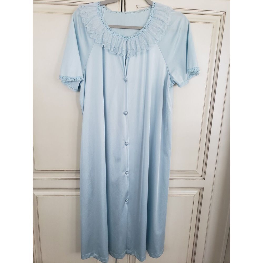Vtg Vanity Fair Nylon Robe Lace Collar One Pocket Sz M Powder Blue